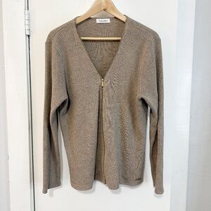 Calvin Klein Zip Up Beige Knit Sweater - Large